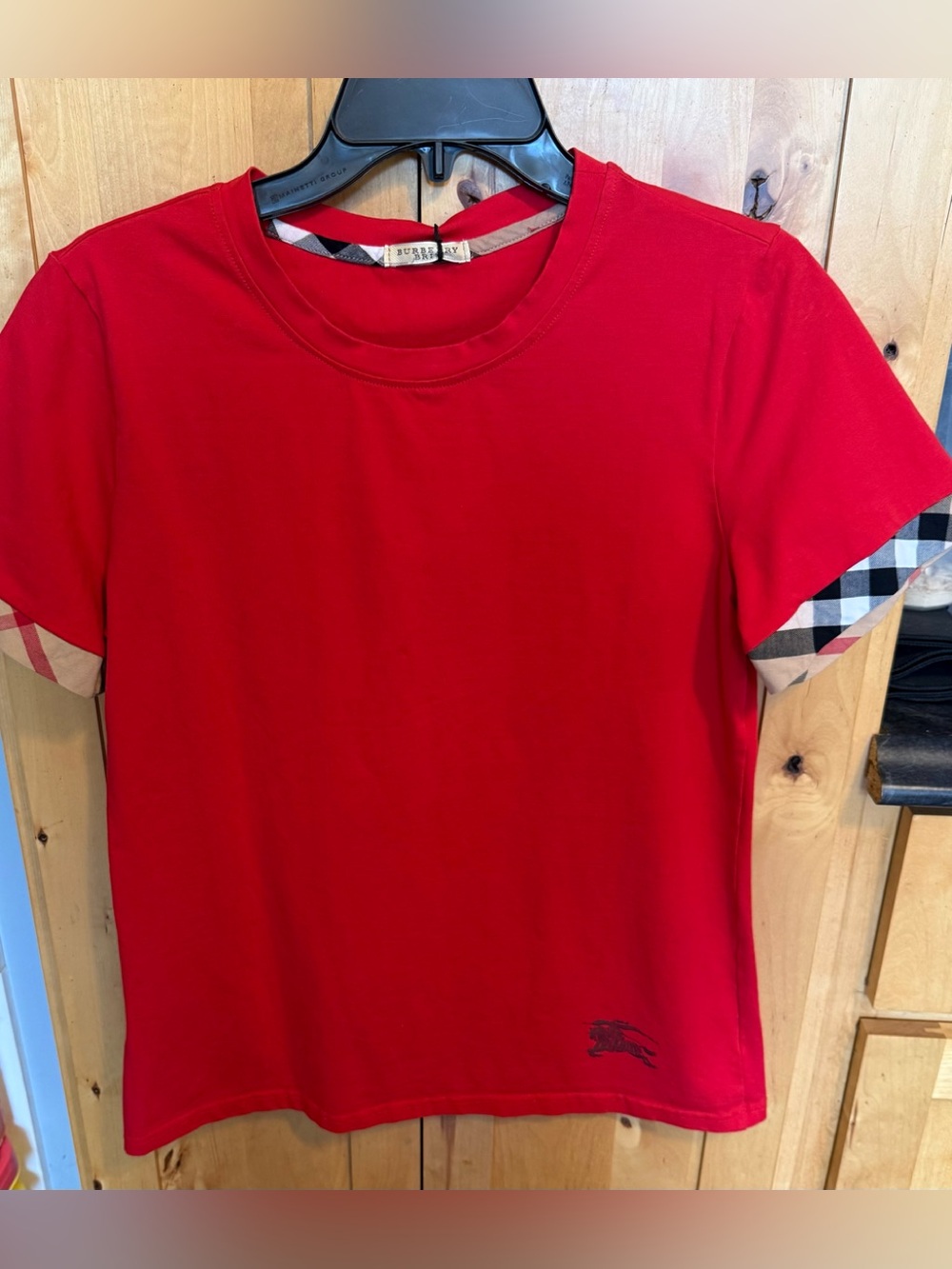 Red Short Sleeve Tee with Check Cuff Detail